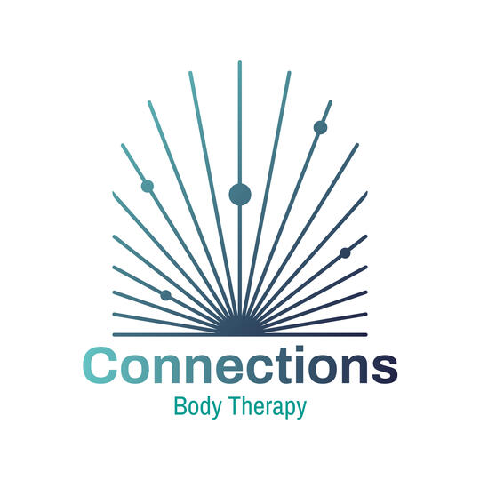 A turquise and blue line drawing similar to a sunrise with some dots on, with the words Connections Body Therapy underneath