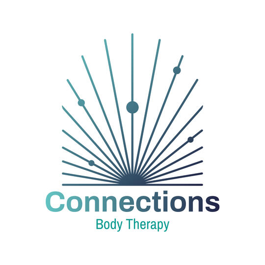 A turquise and blue line drawing similar to a sunrise with some dots on, with the words Connections Body Therapy underneath